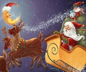 yapboz Christmas büyülü reindeers tarafından çekilen atlı kızak ve hediyeler, Noel Baba ve bir cin yüklü